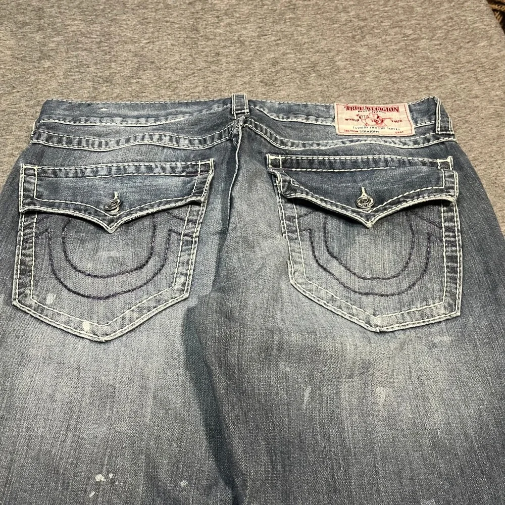 True Religion Section Straight Jeans 36x33 Blue Distressed Paint Splatter Men